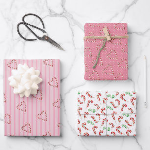 blush pink girly cute candy cane heart pattern wrapping paper sheets