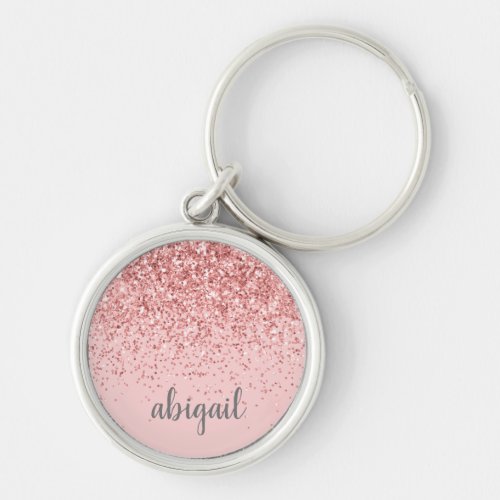 Blush Pink Girly Glitter Gray Modern Monogram Name Keychain