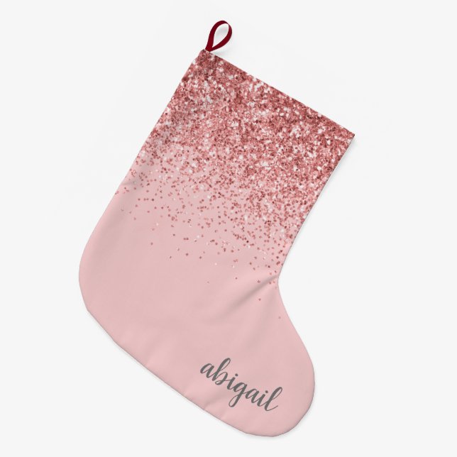 Blush Pink Girly Glitter Modern Stylish Elegant  Large Christmas Stocking (Front (Hanging))