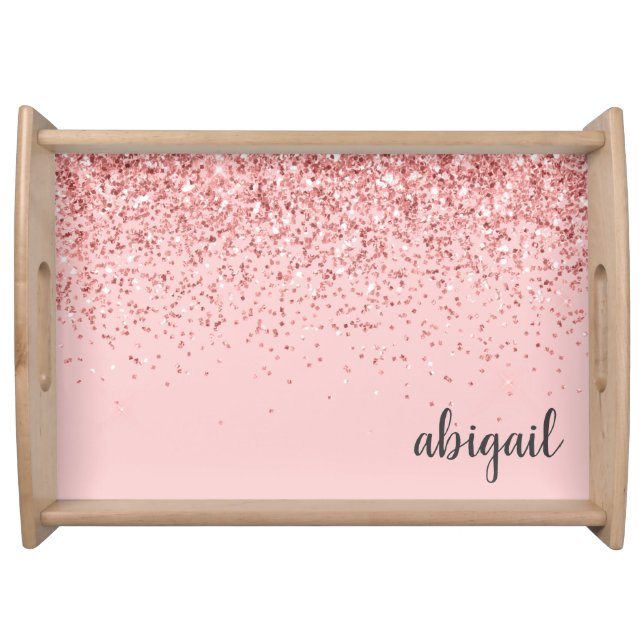Blush Pink Girly Glitter Sparkle Modern Monogram Serving Tray (Front)