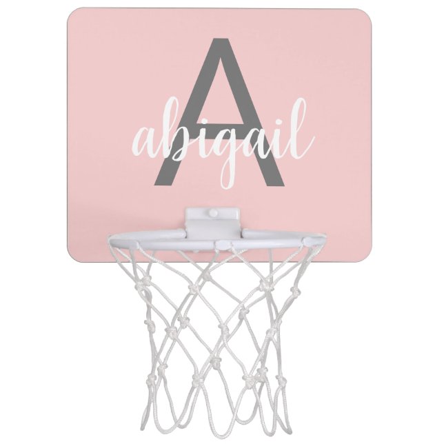 Blush Pink Girly Gray Monogram Mini Basketball Hoop (Front)