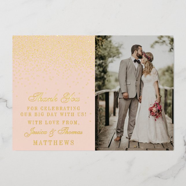 Blush Pink & Glam Confetti Wedding Photo Thank You Foil Invitation (Front)
