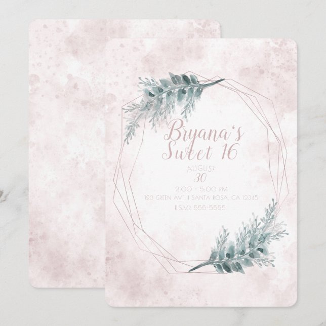 Blush Pink Glam Geometric Botanical Sweet 16 Party Invitation (Front/Back)