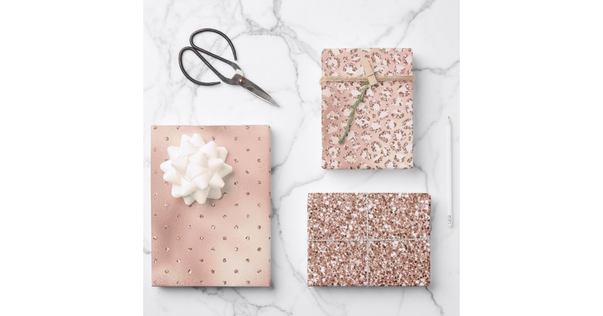 Blush Pink Glam Glitter Dots Leopard Print Wrapping Paper Sheets | Zazzle