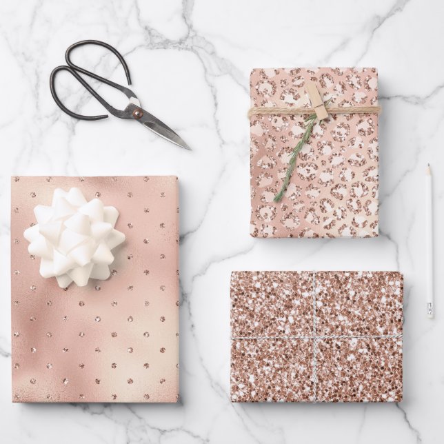 Blush Pink Glam Glitter Dots Leopard Print Wrapping Paper Sheets (Front)