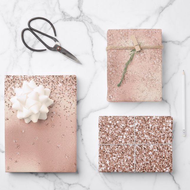 Blush Pink Glam Glitter Snowflake         Wrapping Paper Sheets (Front)