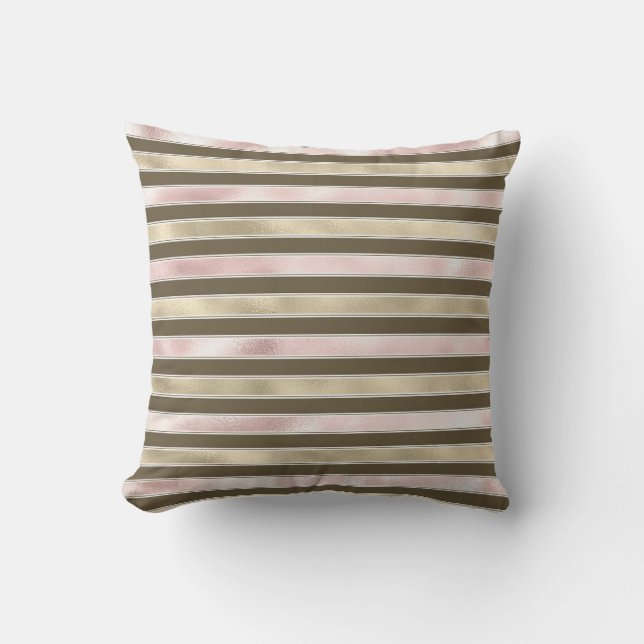 Blush Pink Glam Gold Brown Stripes Throw Pillow (Front)