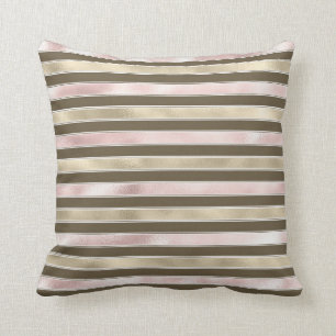 Blush Pink Glam Gold Brown Stripes Throw Pillow