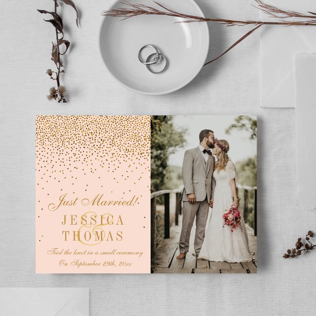 Blush Pink & Glam Gold Confetti Photo Wedding Announcement (Creator Uploaded)