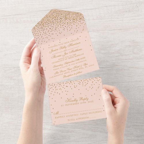 Blush Pink  Glam Gold Confetti Wedding All In One Invitation