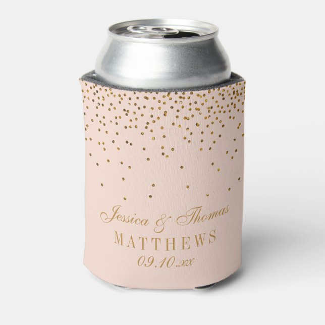 Blush Pink & Glam Gold Confetti Wedding Can Cooler (Can Back)