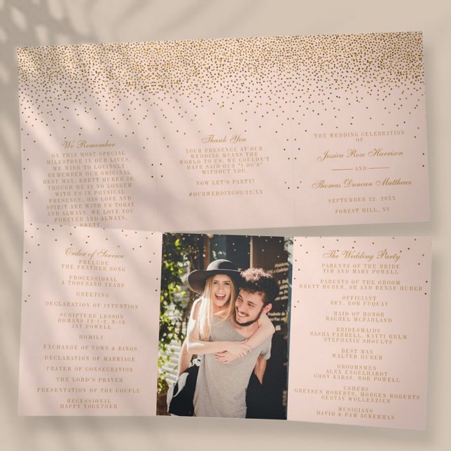 Blush Pink & Glam Gold Confetti Wedding Collection Tri-Fold Program (Creator Uploaded)