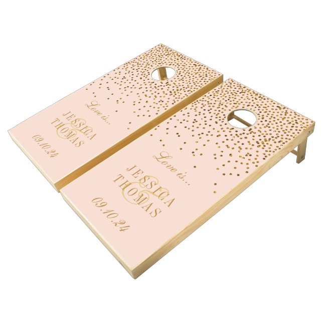 Blush Pink & Glam Gold Confetti Wedding Cornhole Set (Angled)