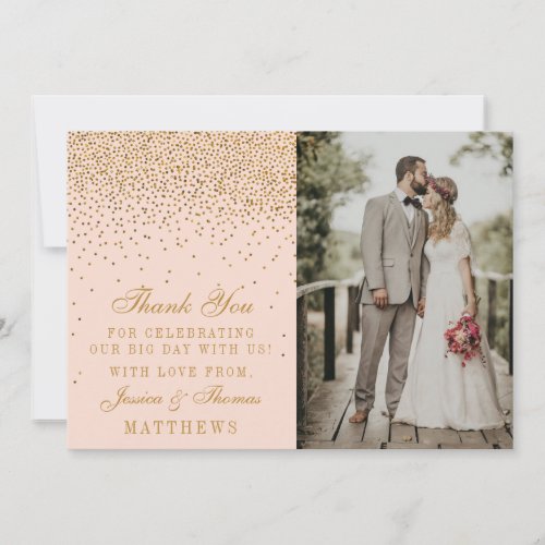 Blush Pink  Glam Gold Confetti Wedding Photo Thank You Card