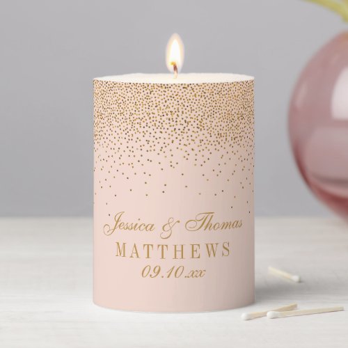 Blush Pink  Glam Gold Confetti Wedding Pillar Candle