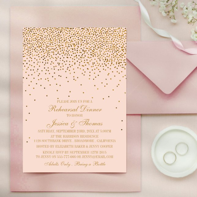 Blush Pink & Glam Gold Confetti Wedding Rehearsal Invitation (Creator Uploaded)