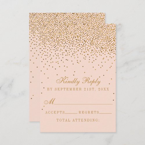 Blush Pink  Glam Gold Confetti Wedding RSVP Card