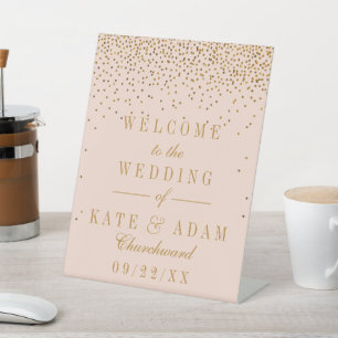 Blush Pink & Glam Gold Confetti Wedding Welcome Pedestal Sign