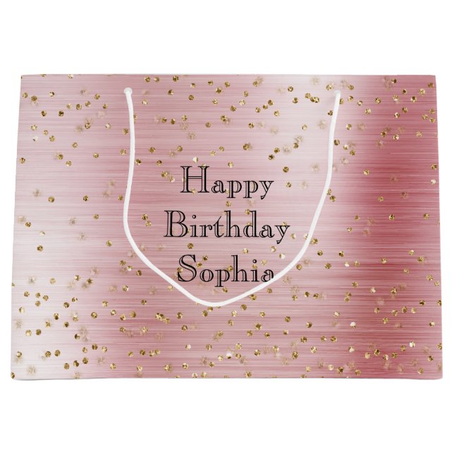 Blush Pink Glam Gold Sparkle Confetti Birthday Large Gift Bag (Front)