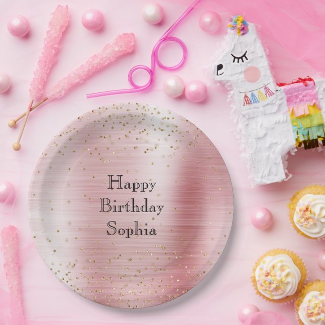 Blush Pink Glam Gold Sparkle Confetti Birthday Paper Plates (Party)
