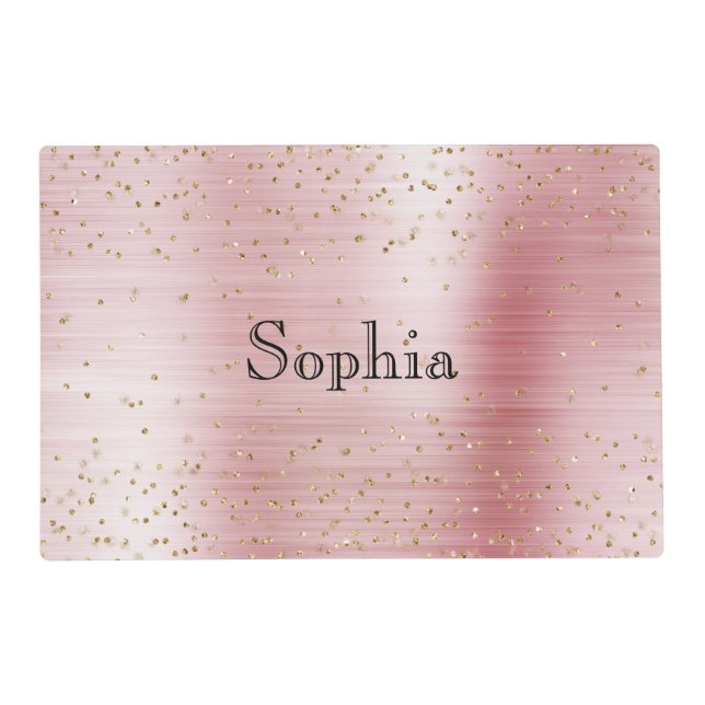 Blush Pink Glam Gold Sparkle Confetti Personalized Placemat (Front)