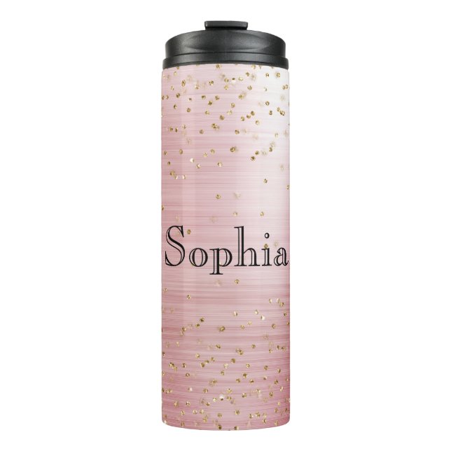Blush Pink Glam Gold Sparkle Confetti Personalized Thermal Tumbler (Front)