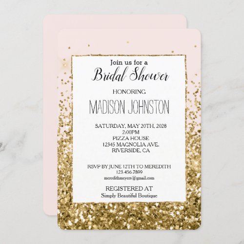 Blush Pink Glam Gold Sparkle Glitter Bridal Shower Invitation