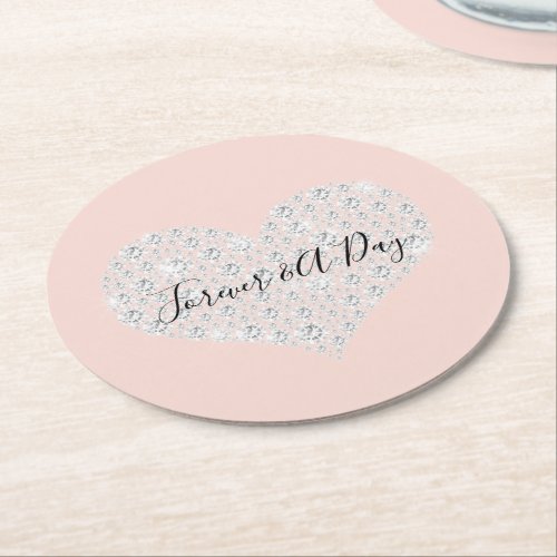Blush Pink Glam White Diamonds Heart Wedding  Round Paper Coaster