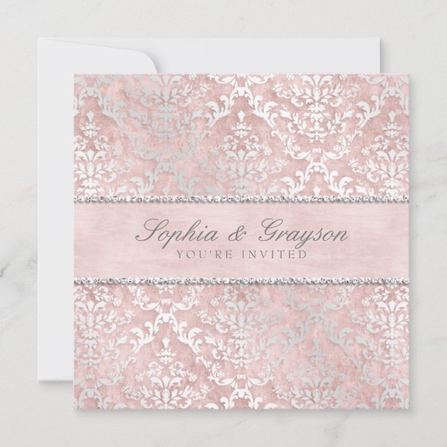 Blush Pink Glimmer Damask Wedding Invite (Front)