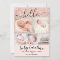 blush pink glitter 5 grid photo baby girl birth announcement