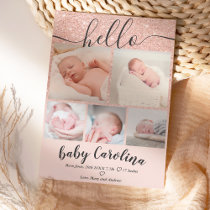 blush pink glitter 5 grid photo baby girl birth announcement