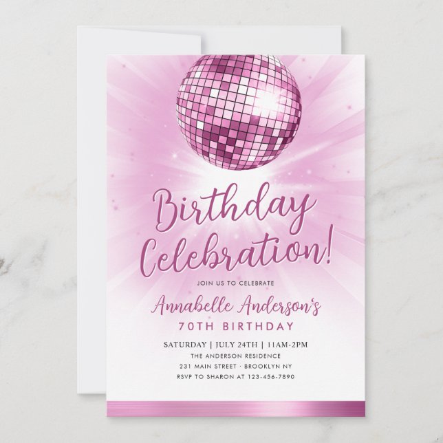 Blush Pink Glitter 70s Party Disco Ball Birthday I Invitation (Front)