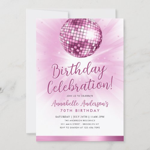 Blush Pink Glitter 70s Party Disco Ball Birthday I Invitation