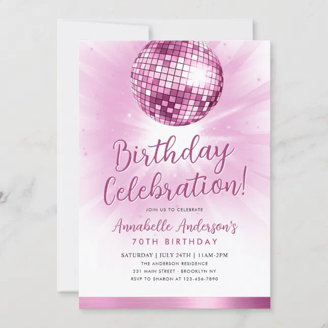 Blush Pink Glitter 70s Party Disco Ball Birthday I Invitation 