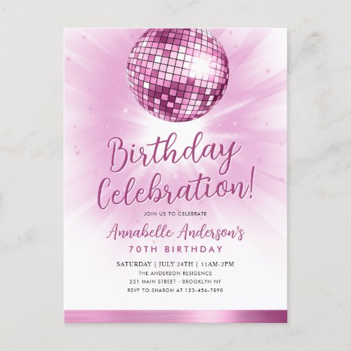 Blush Pink Glitter 70s Party Disco Ball Birthday Postcard
