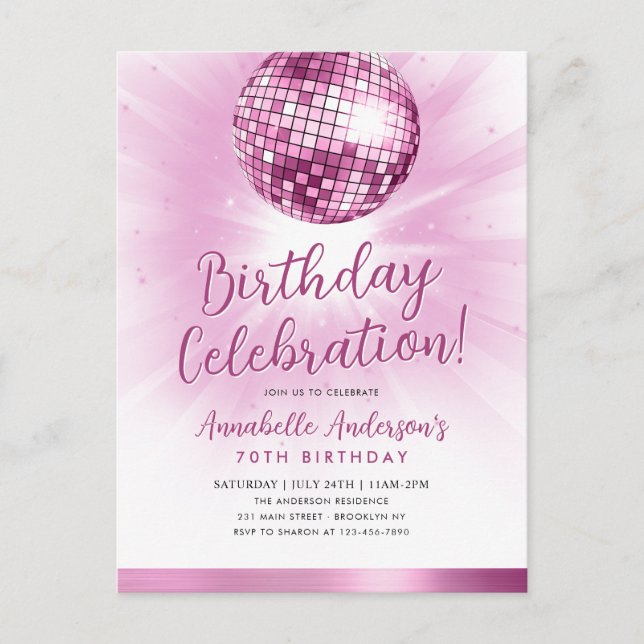 Blush Pink Glitter 70s Party Disco Ball Birthday Postcard (Front)