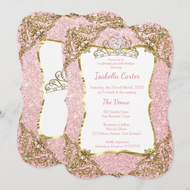 Blush Pink Glitter Birthday Party Gold White Tiara Invitation (Front/Back)