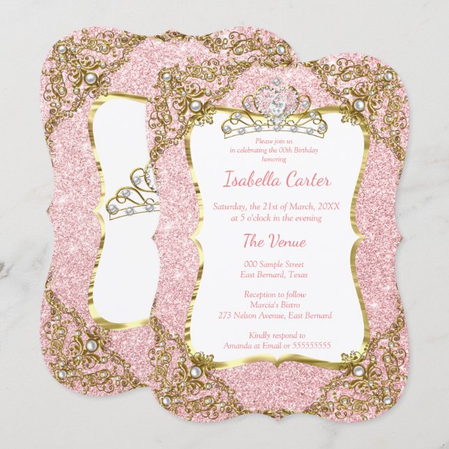 Blush Pink Glitter Birthday Party Gold White Tiara Invitation (Front/Back)