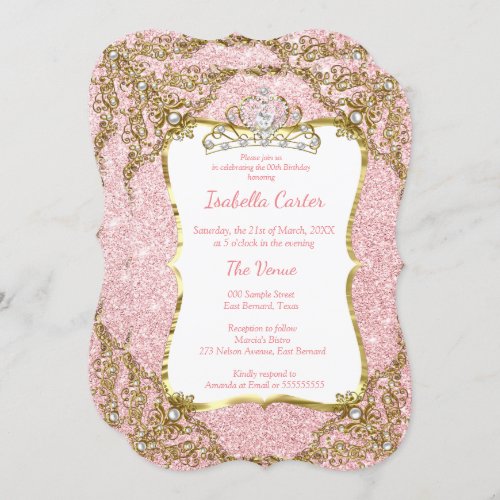 Blush Pink Glitter Birthday Party Gold White Tiara Invitation
