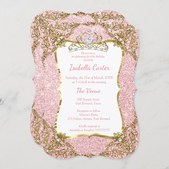 Blush Pink Glitter Birthday Party Gold White Tiara Invitation (Front/Back)