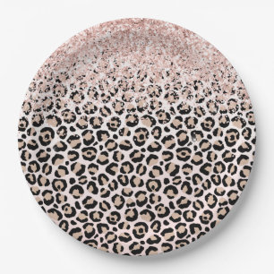 Blush Pink Glitter Black Cream Leopard Print Paper Plates