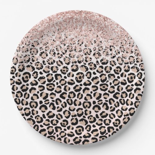 Blush Pink Glitter Black Cream Leopard Print    Paper Plates