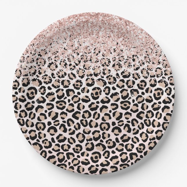 Blush Pink Glitter Black Cream Leopard Print    Paper Plates (Front)