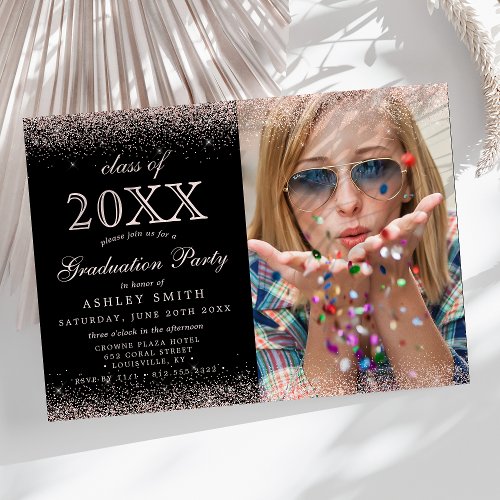 Blush Pink Glitter Black Photo Graduation  Invitation