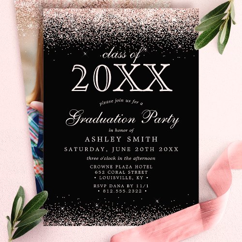 Blush Pink Glitter Black Photo Graduation Invitation