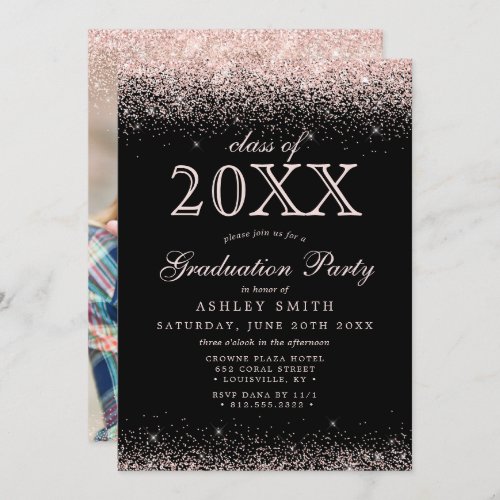 Blush Pink Glitter Black Photo Graduation Invitation