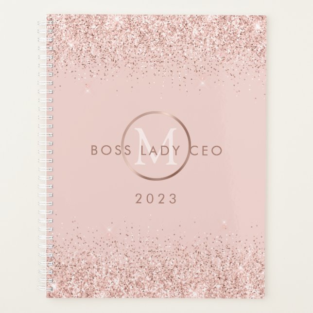 Blush Pink Glitter Boss Lady CEO Monogram 2023 Planner (Front)