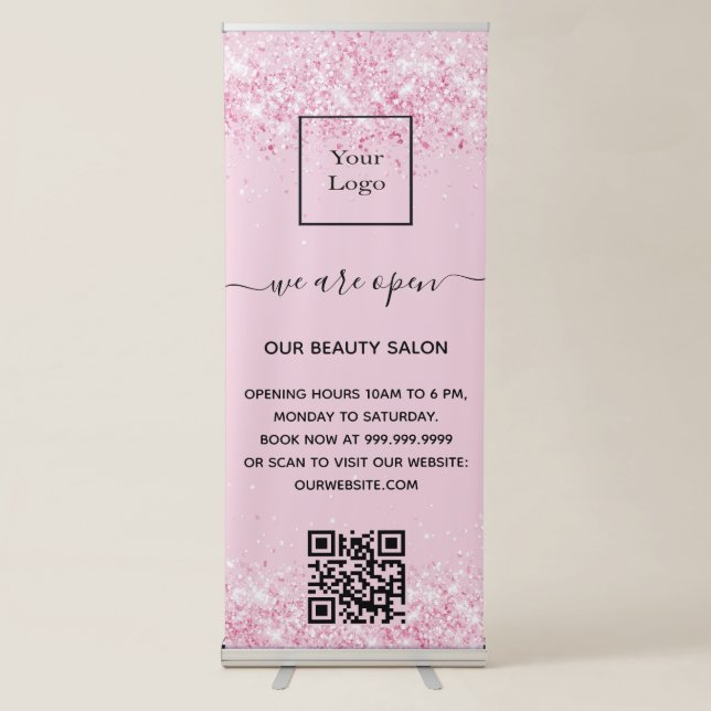 Blush pink glitter business logo qr code retractable banner (Front)
