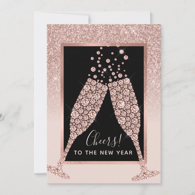 Blush Pink Glitter Champagne Toast New Year Card (Front)