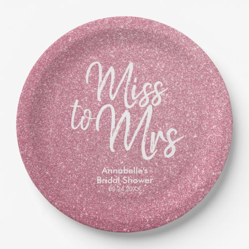 Blush Pink Glitter Chic Miss to Mrs Bridal Shower Paper Plates